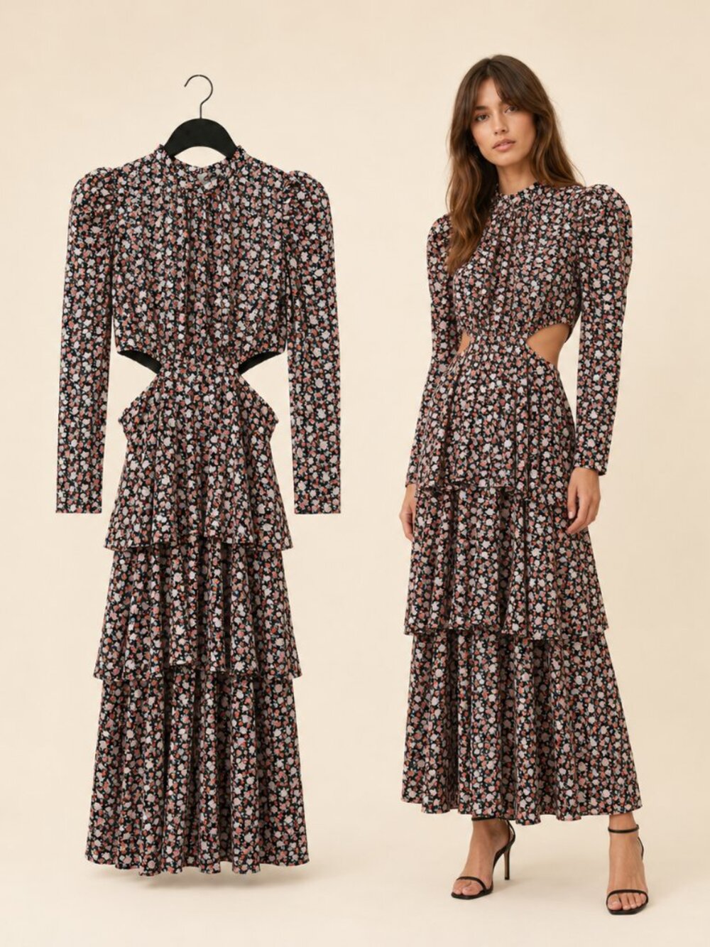 NWT Topshop Floral Cutout Tiered Maxi Dress Black Pink US 4 Wedding Date Holiday